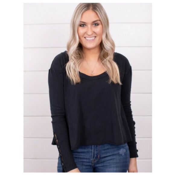 Free People Dark NAVY Long Sleeve THERMAL Blouse W/ button sleeve detail - Picture 3 of 6